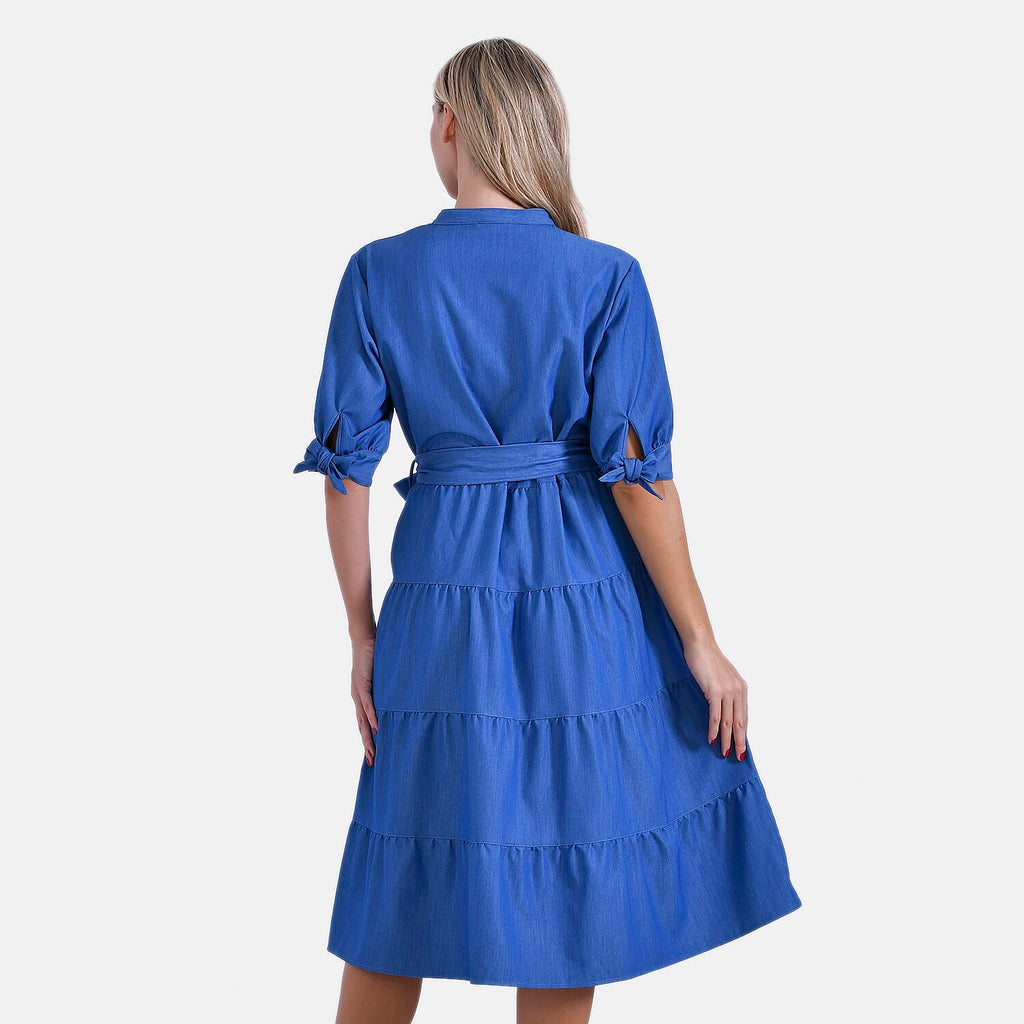 - Maisi Tiered Midi Dress with Half Puff Sleeves (Size S) - Blue