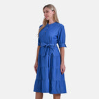 -Maisi Tiered Midi Dress with 1-2 Puff Sleeves - Tie Waist (Size M) - Blue