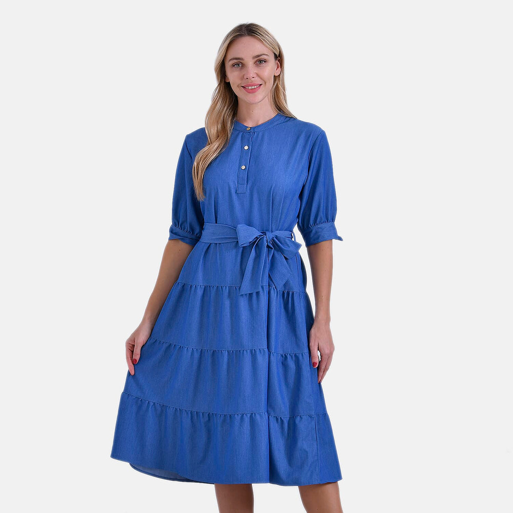 -Maisi Tiered Midi Dress with 1-2 Puff Sleeves - Tie Waist (Size M) - Blue