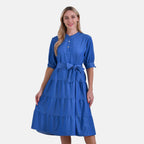 -Maisi Tiered Midi Dress with 1-2 Puff Sleeves - Tie Waist (Size M) - Blue