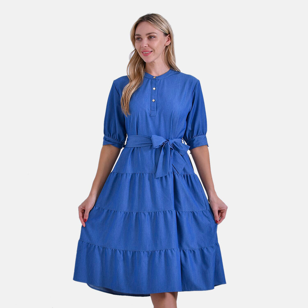 Tiered Midi Dress with 1-2 Puff Sleeves - Tie Waist (Size S) - Blue