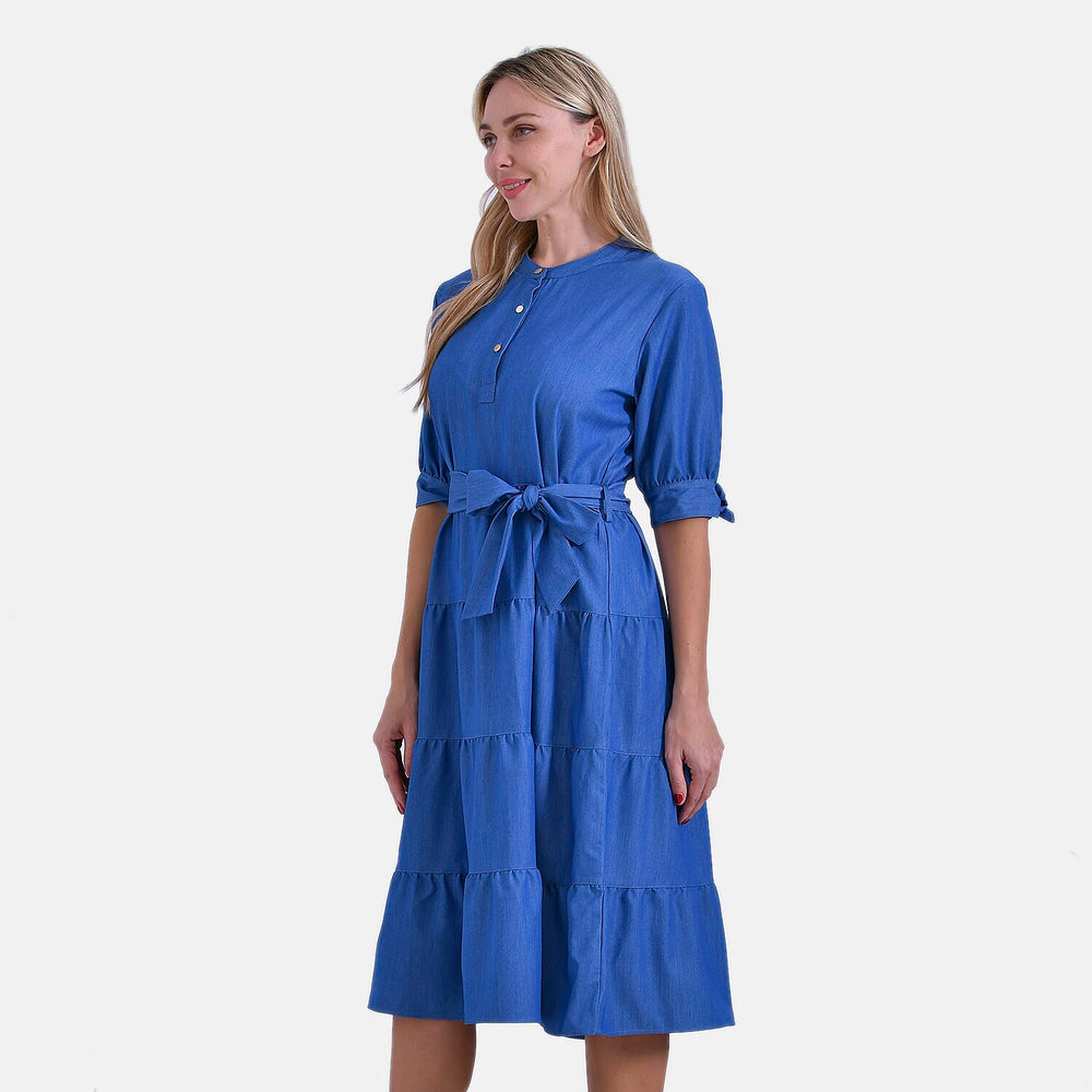 Tiered Midi Dress with 1-2 Puff Sleeves - Tie Waist (Size S) - Blue