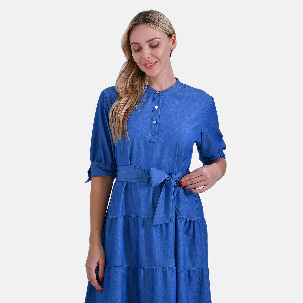 Tiered Midi Dress with 1-2 Puff Sleeves - Tie Waist (Size S) - Blue
