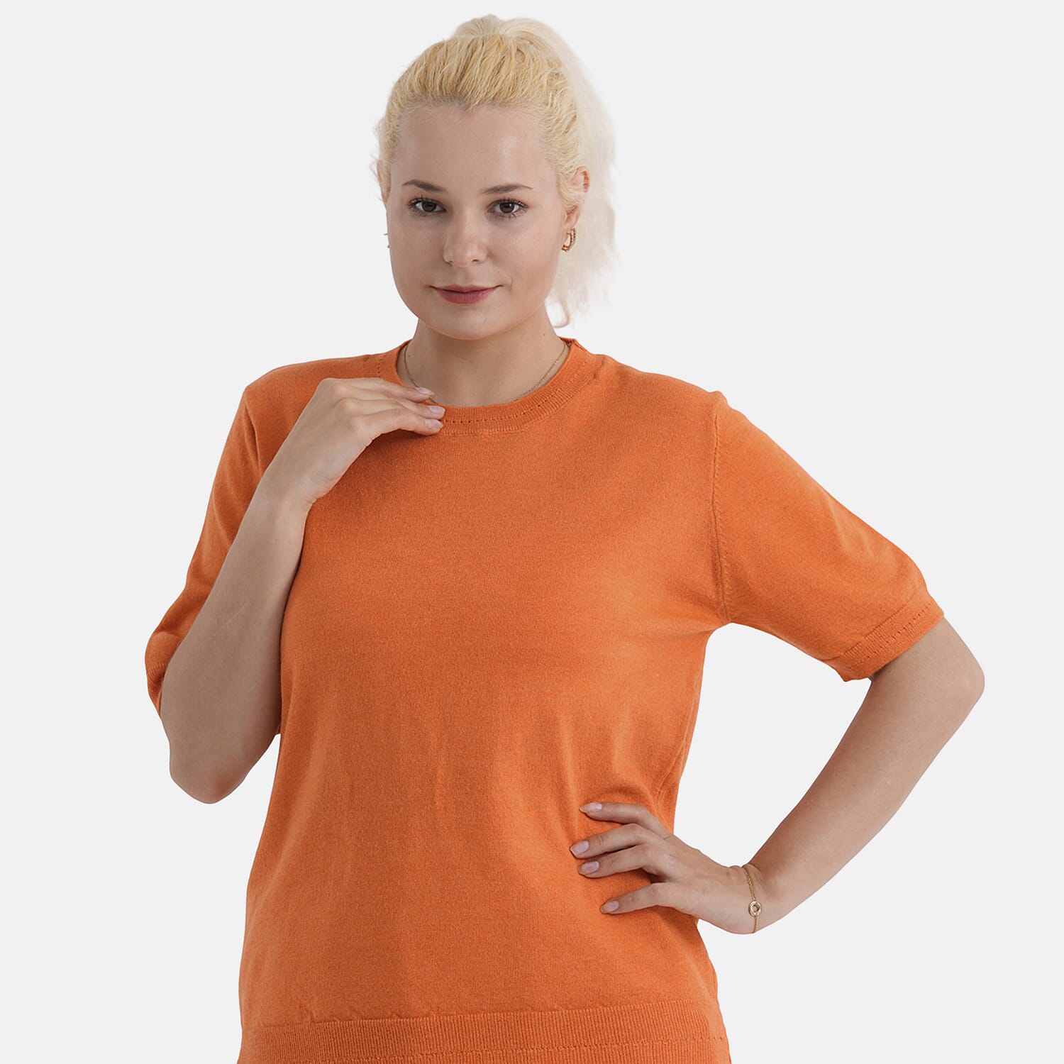 La Marey Summer Knit Short Sleeve Top (Size M, Fit 12 To 14) - Orange