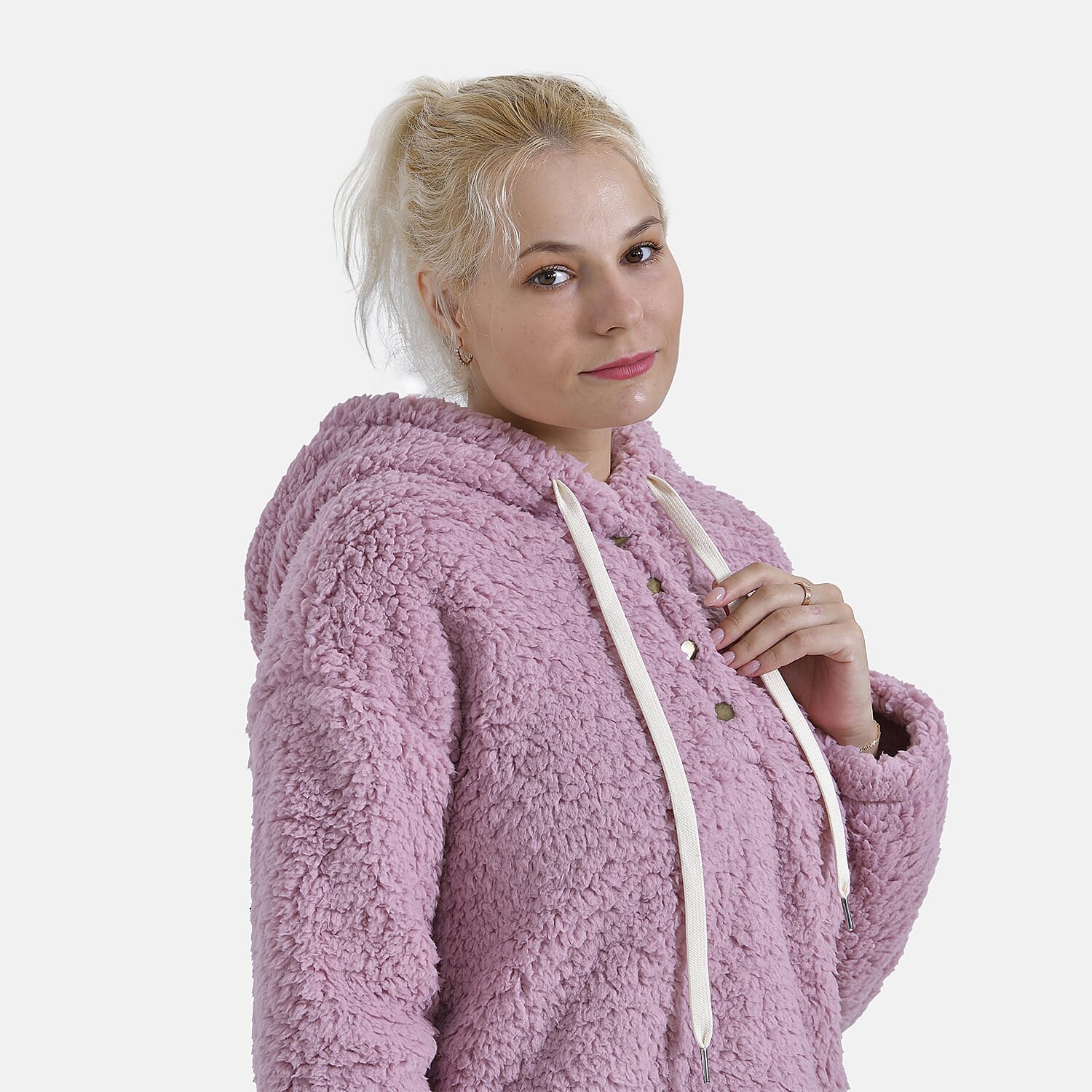 La Marey Plush Hoodie with Buttons (Size S) - Pink