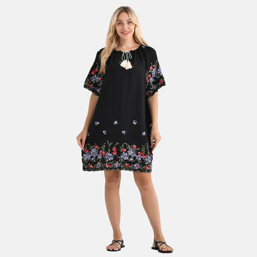 LA MAREY Cotton Blend Embroidered Dress (Size L-XL, 16 to 20) - Black