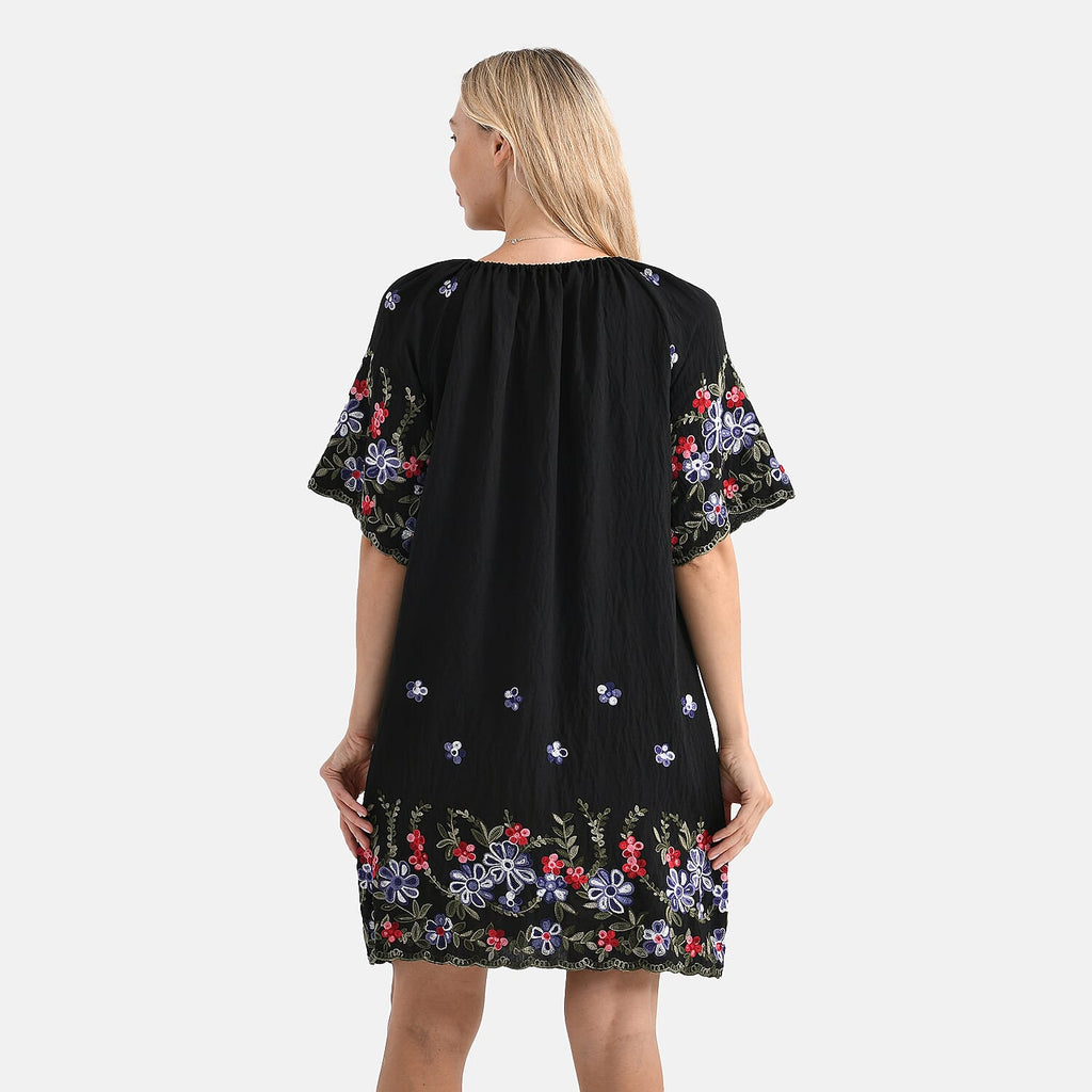 LA MAREY Cotton Blend Embroidered Dress (Size L-XL, 16 to 20) - Black