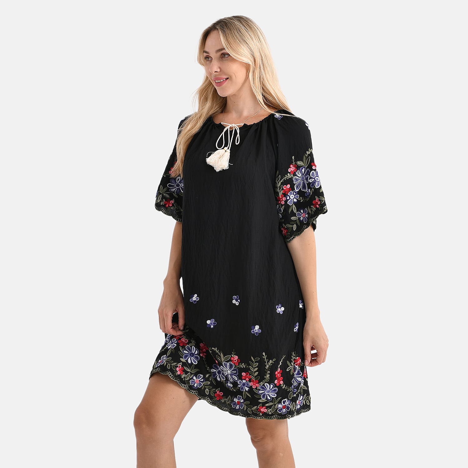 LA MAREY Cotton Blend Embroidered Dress (Size L-XL, 16 to 20) - Black