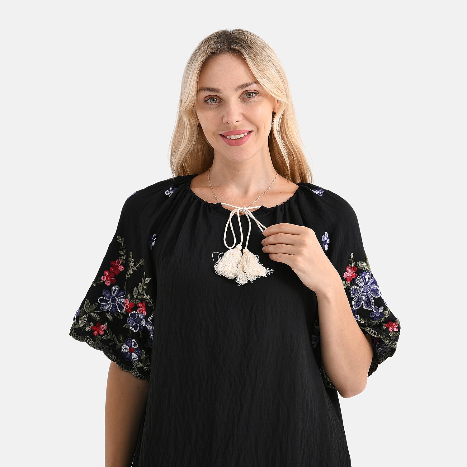 LA MAREY Cotton Blend Embroidered Dress (Size L-XL, 16 to 20) - Black