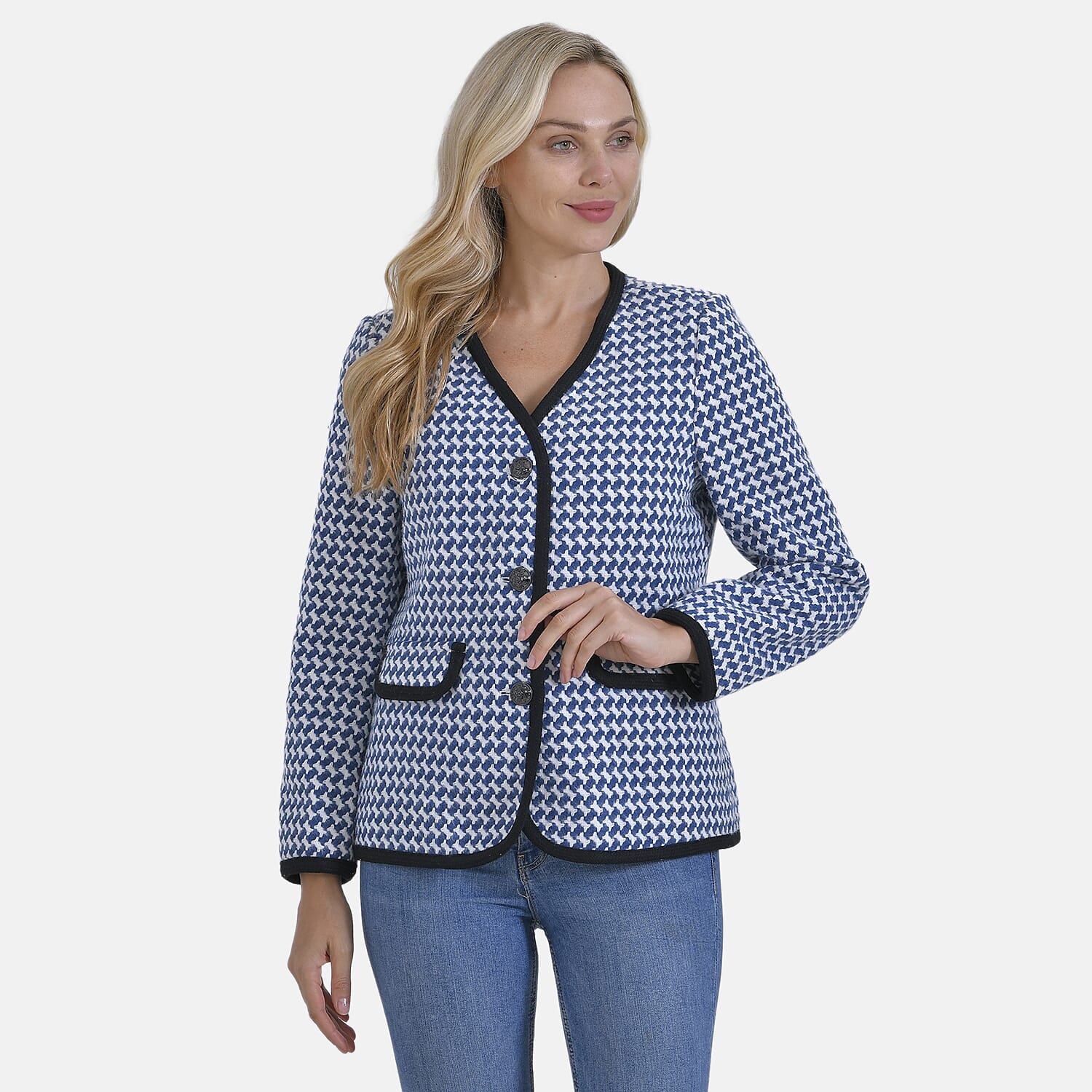La Marey Houndstooth Boucle Jacket (Size 12) - Blue