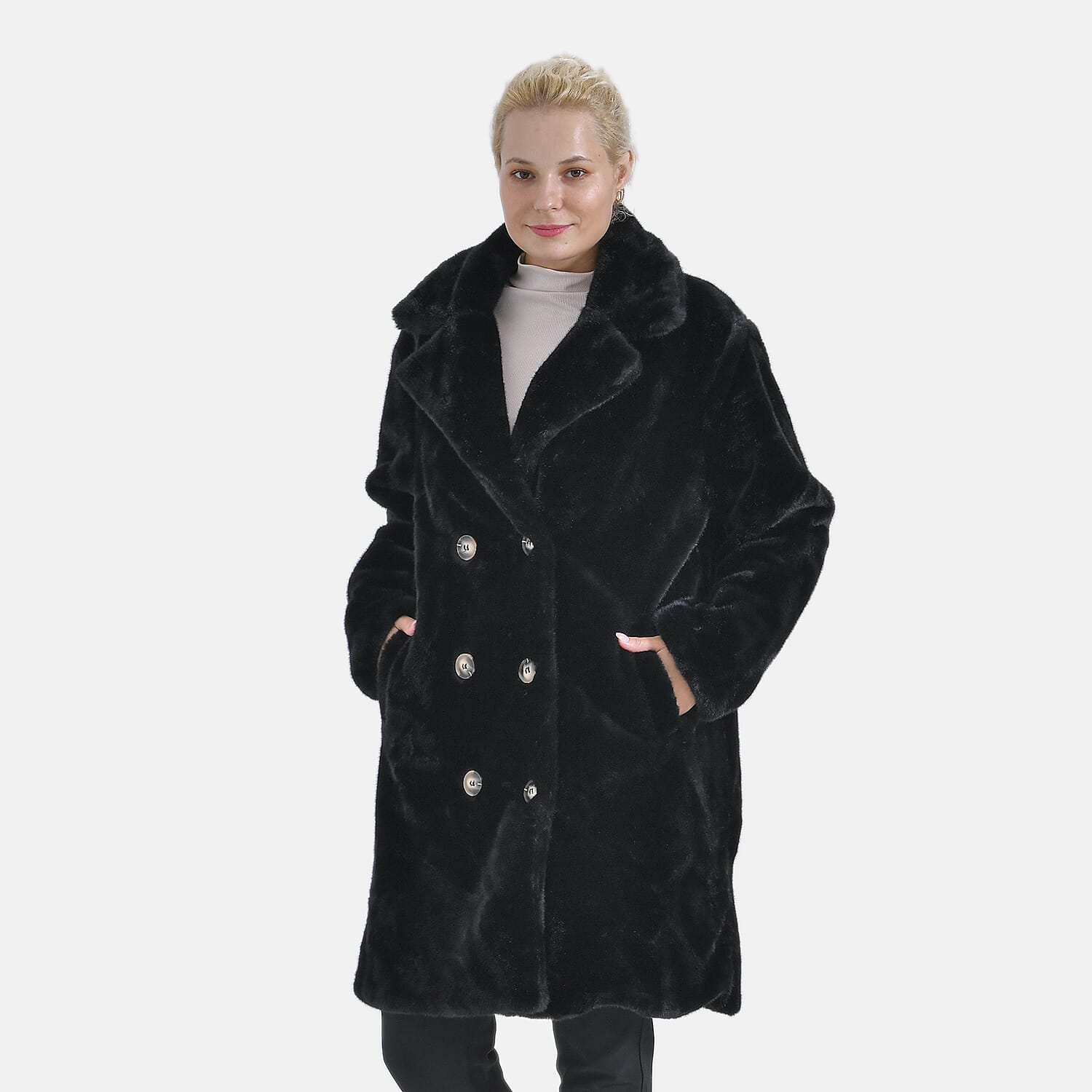 La Marey Plush Button-up Faux Fur Coat (S-M  8-14) - Black