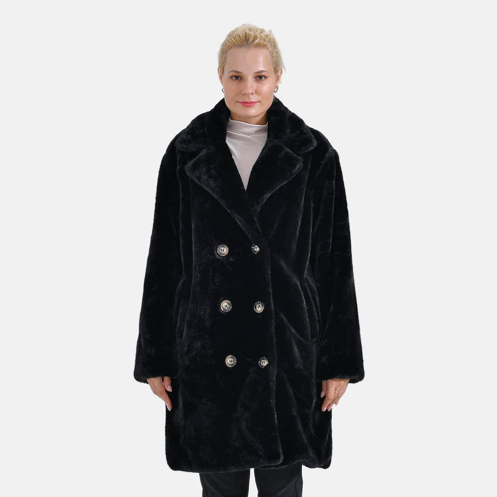 La Marey Plush Button-up Faux Fur Coat (S-M  8-14) - Black
