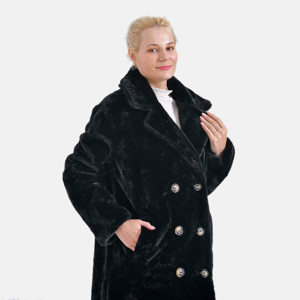 La Marey Plush Button-up Faux Fur Coat (S-M  8-14) - Black