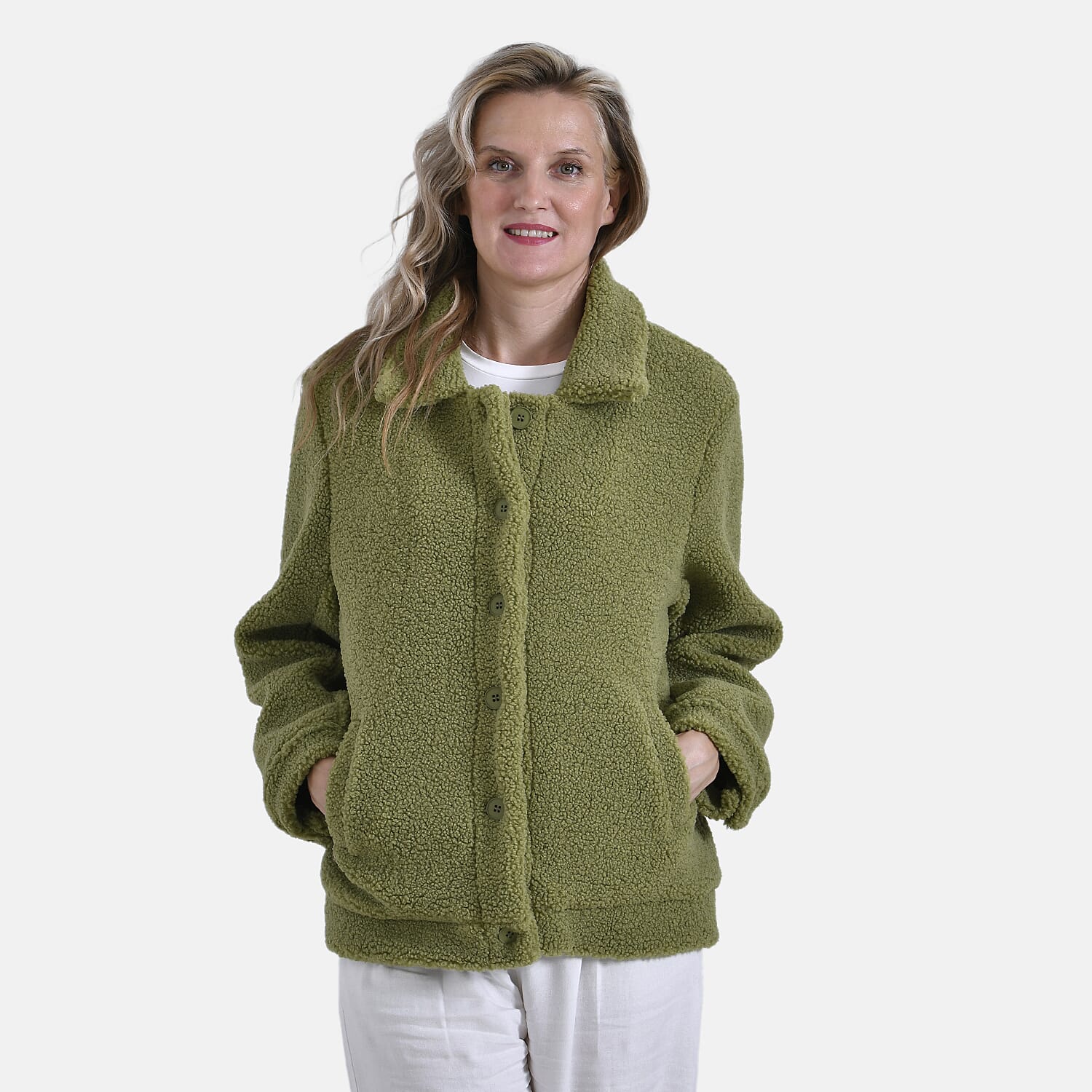 La Marey Fleeced Button Up Jacket with 2 Side Pockets  - Green