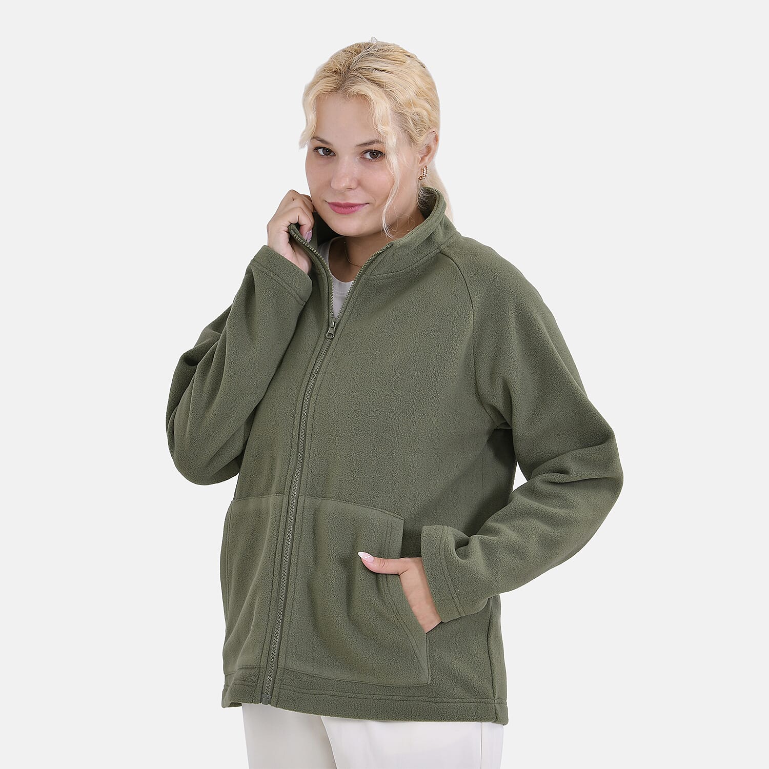 La Marey Teddy Borg Fleece Zip-up Jacket (Size XL) - Olive Green