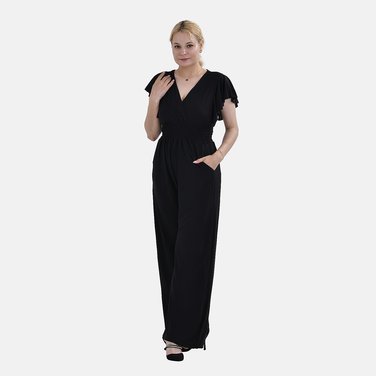 La Marey Smocked Waist Stretch Jersey Jumpsuit (Size M) - Black