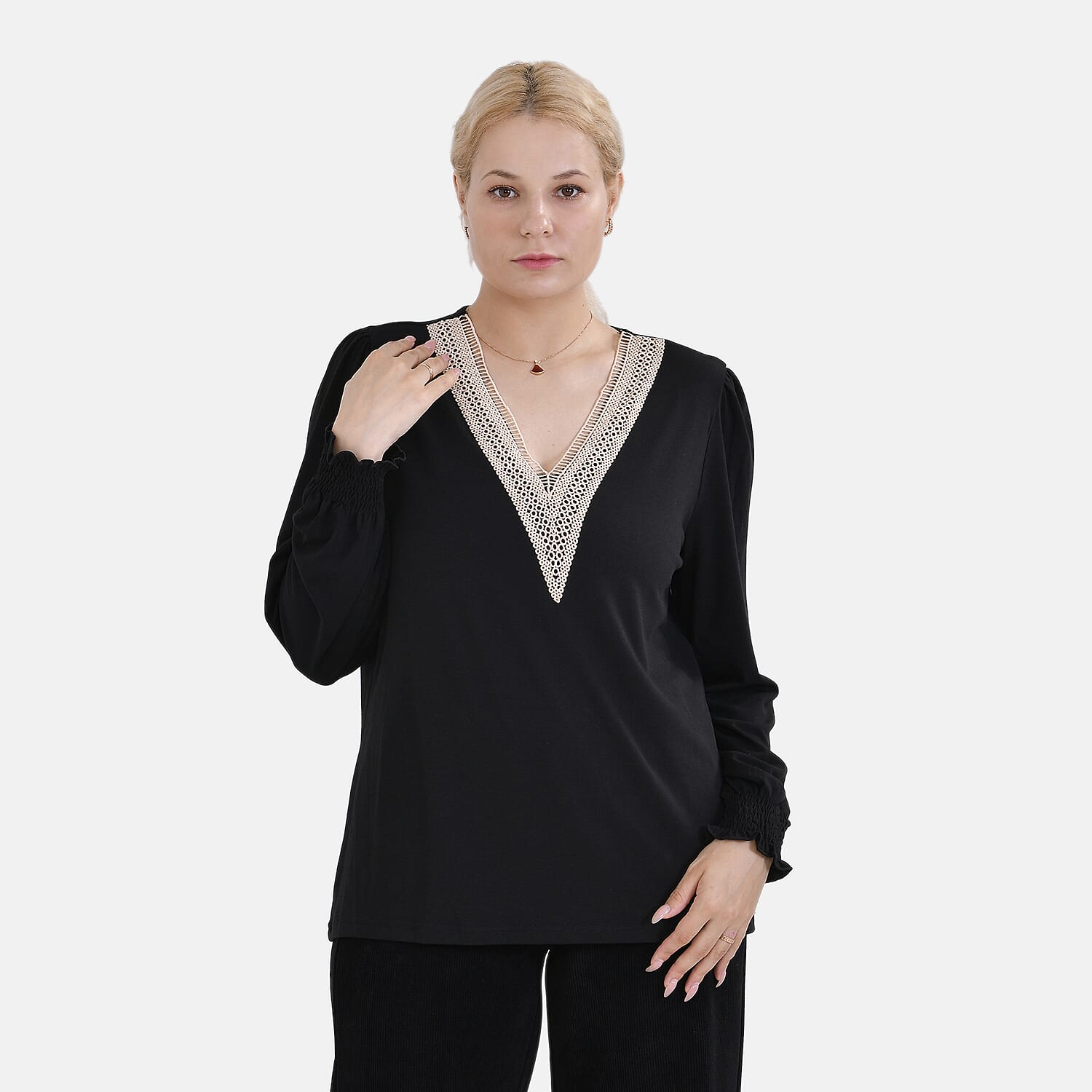La Marey Lace V-Neck Long Sleeve Top (Size S) - Black
