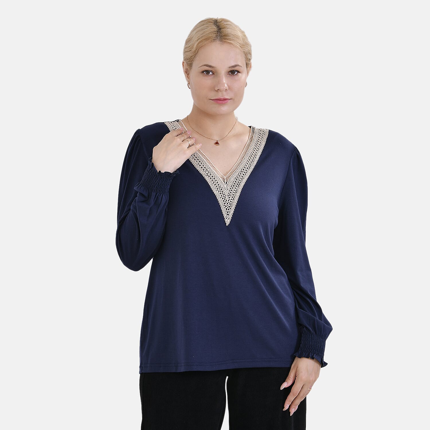 La Marey V-neck Lace Top (Size L) - Navy