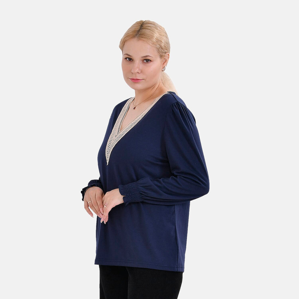 La Marey V-neck Lace Top (Size L) - Navy