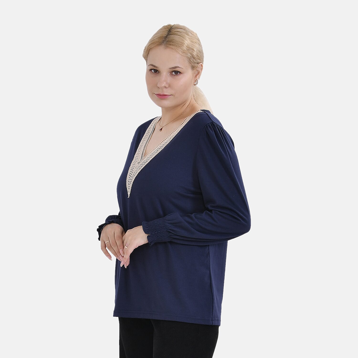 La Marey V-neck Lace Top (Size L) - Navy