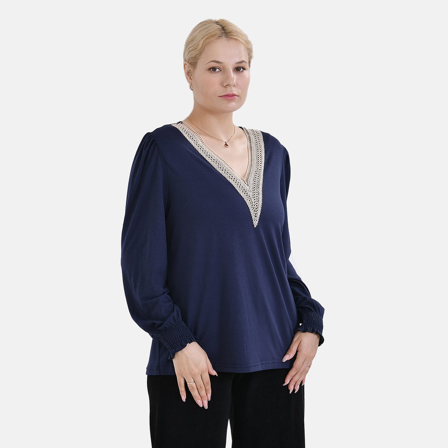 La Marey V-neck Lace Top (Size L) - Navy