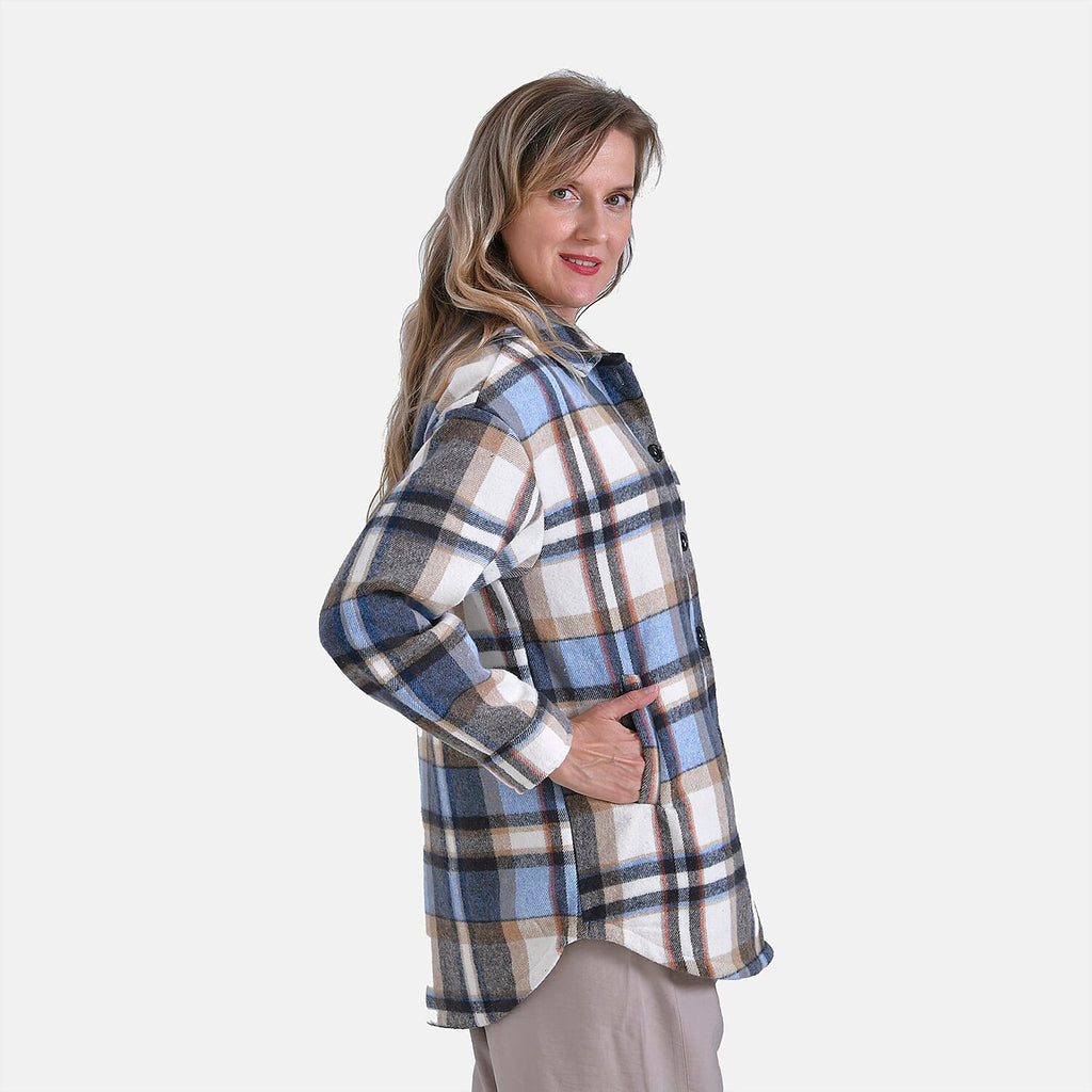 La Marey Plaid Button Down Shacket (Size 16 to 18) - Blue Brown & Brown
