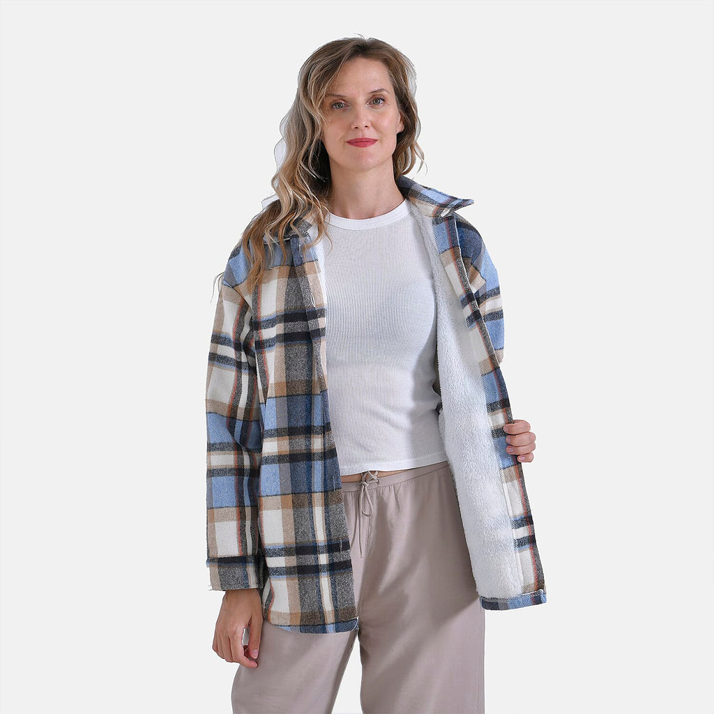 La Marey Plaid Button Down Shacket (Size 16 to 18) - Blue Brown & Brown