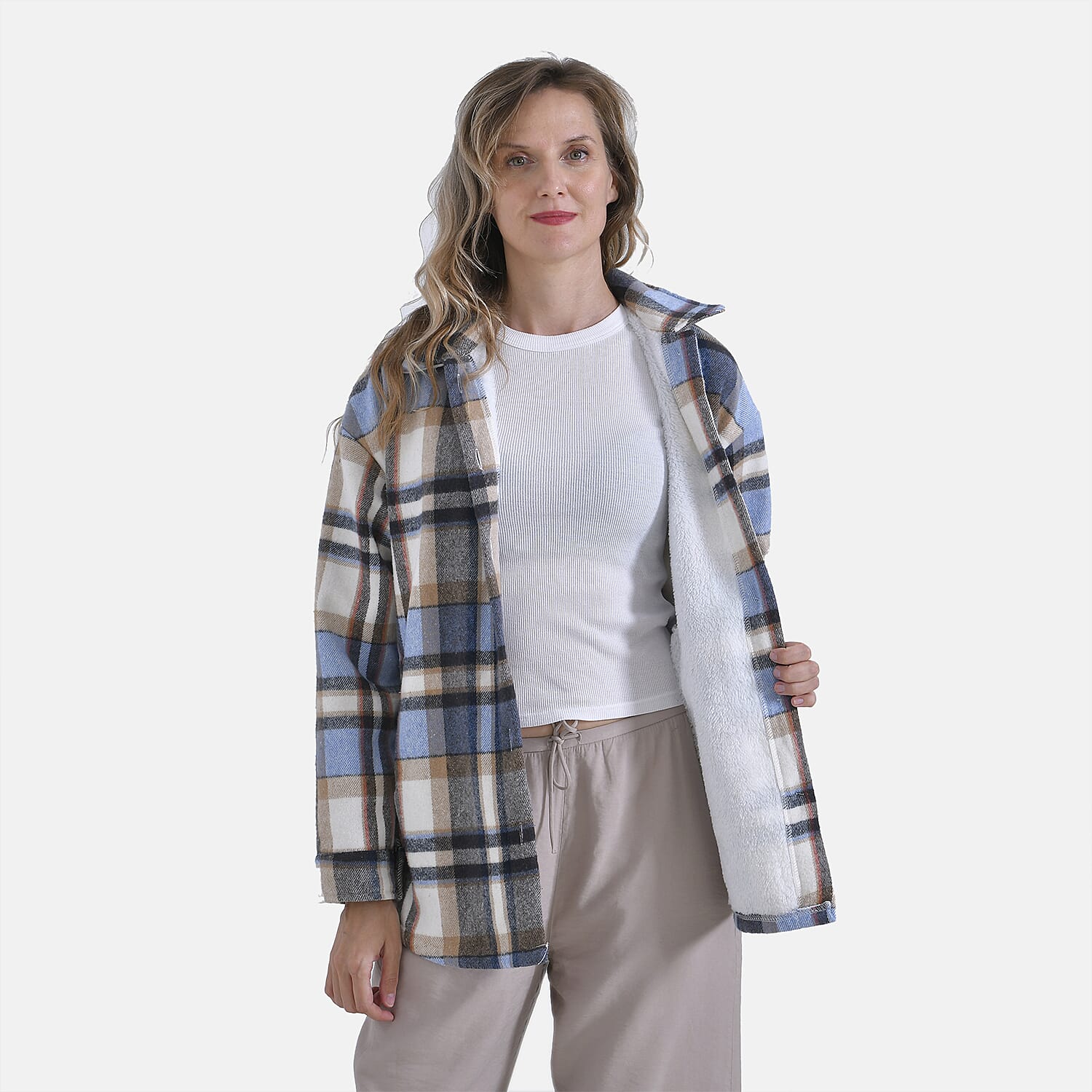 La Marey Plaid Button Down Shacket (Size 16 to 18) - Blue Brown & Brown