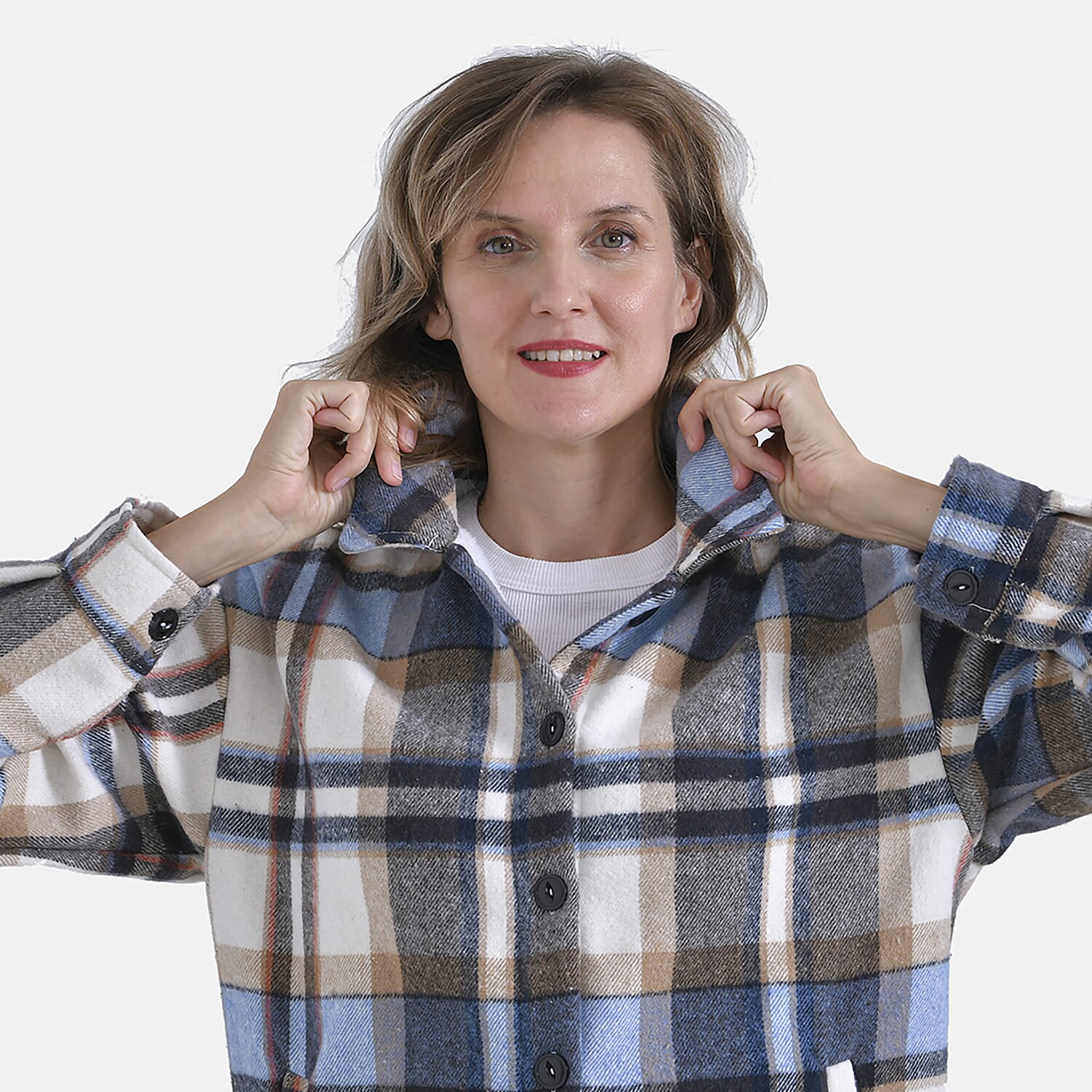 La Marey Plaid Button Down Shacket (Size 16 to 18) - Blue Brown & Brown