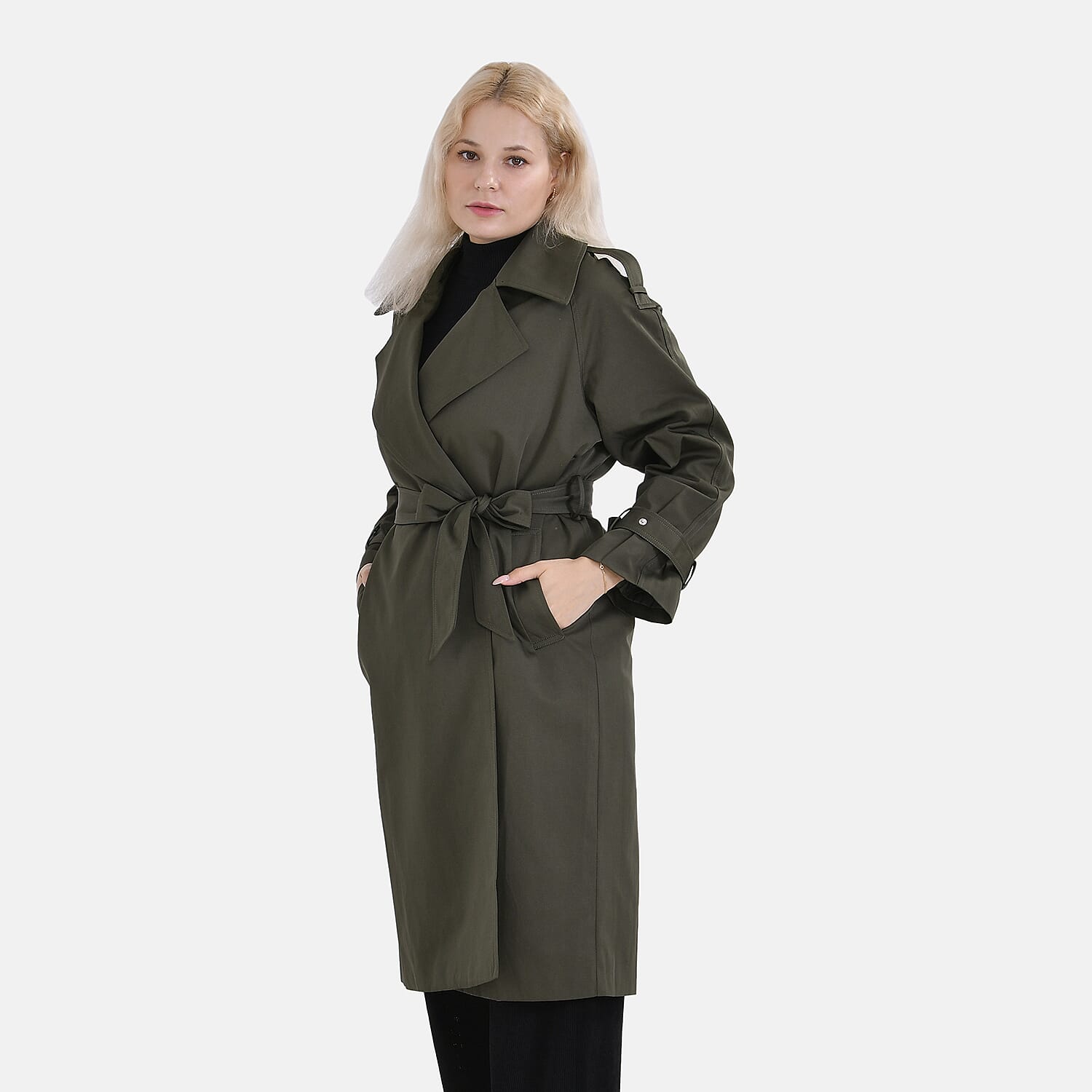 LA Marey Windproof Cotton Blend Trench Coat (Size 12-14) - Green