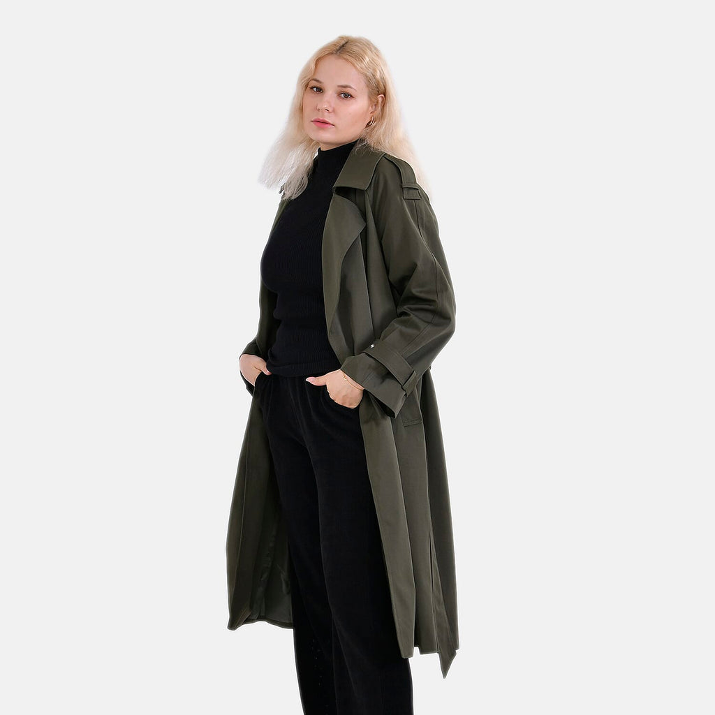 LA Marey Windproof Cotton Blend Trench Coat (Size 12-14) - Green