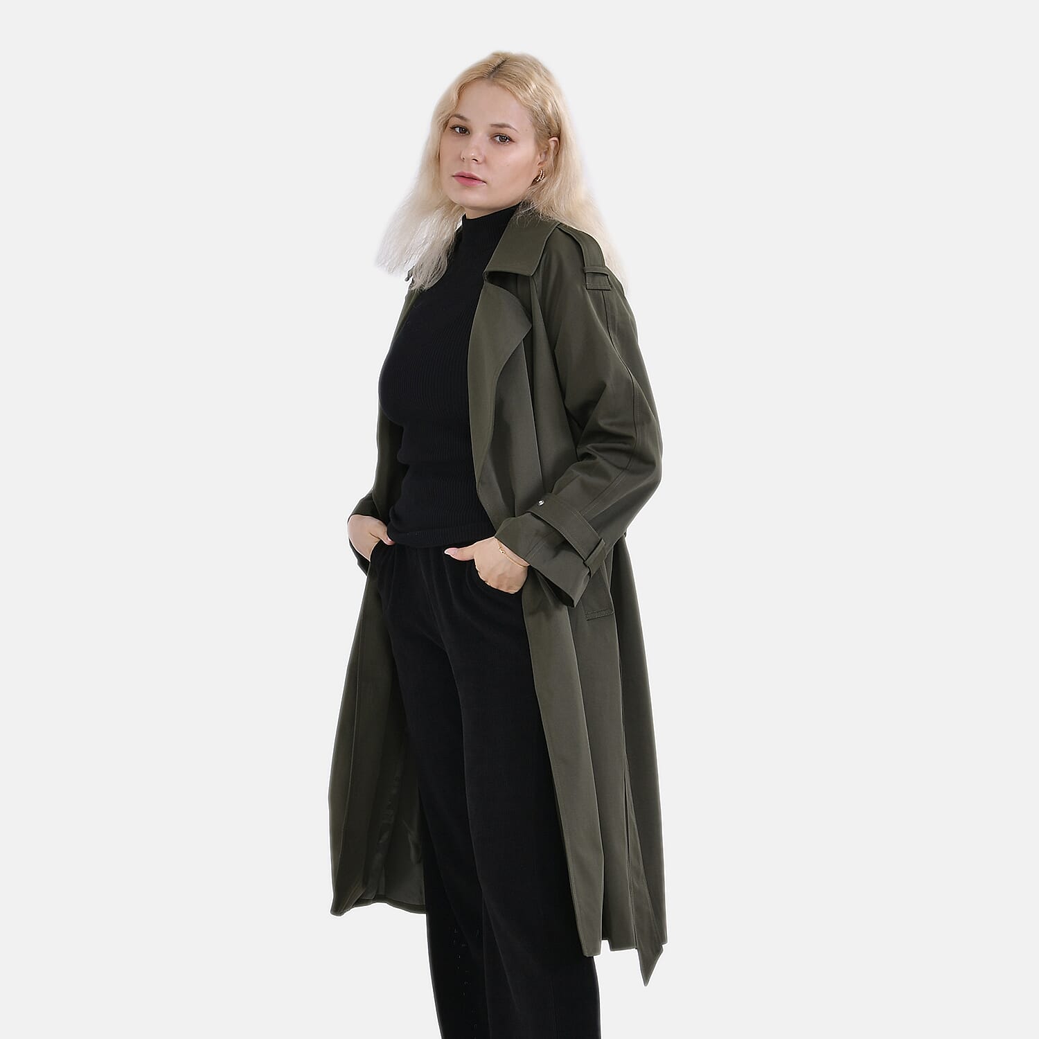 LA Marey Windproof Cotton Blend Trench Coat (Size 12-14) - Green