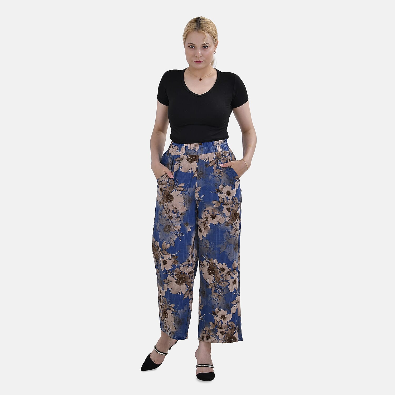 La Marey Polyester Printed Jean and Pant-Trouser (Size 16 to 18) - Blue Floral