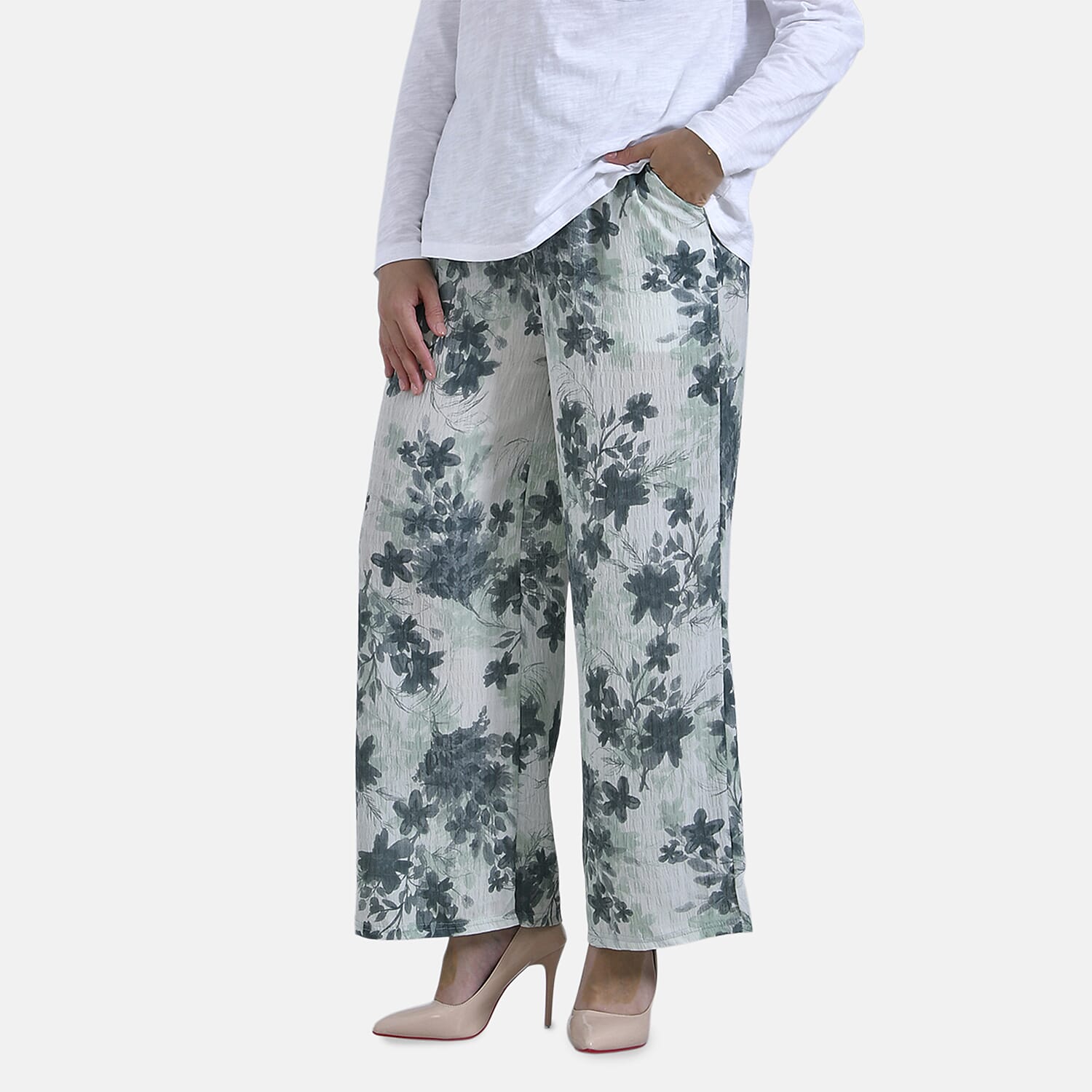 La Marey Floral Print Mid-Rise Elastic Waistband Wide Leg Trouser (Size XL) - Green