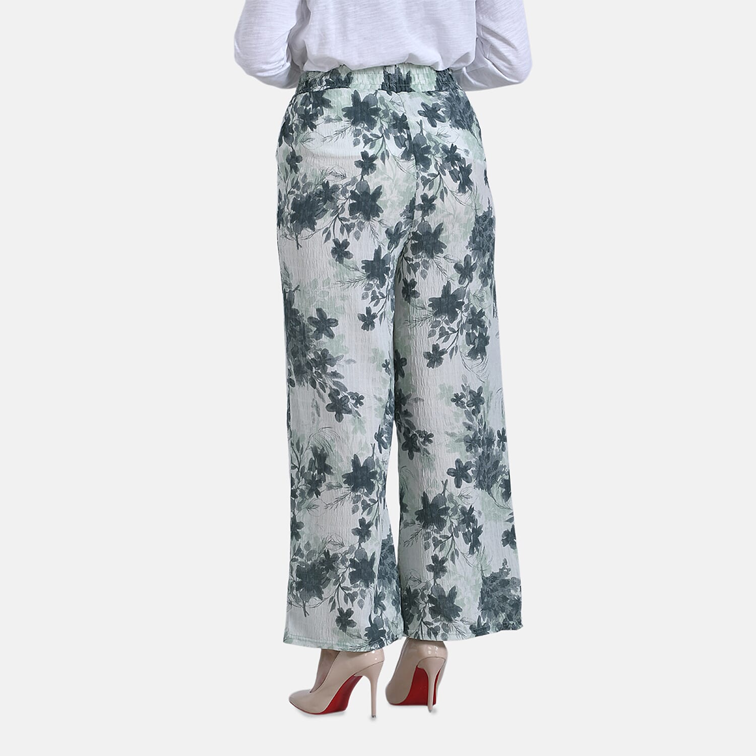 La Marey Floral Print Mid-Rise Elastic Waistband Wide Leg Trouser (Size XL) - Green