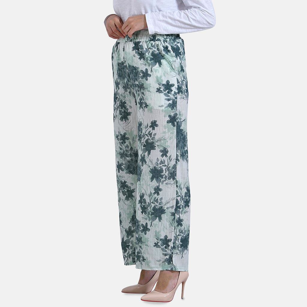 La Marey Floral Print Mid-Rise Elastic Waistband Wide Leg Trouser (Size XL) - Green