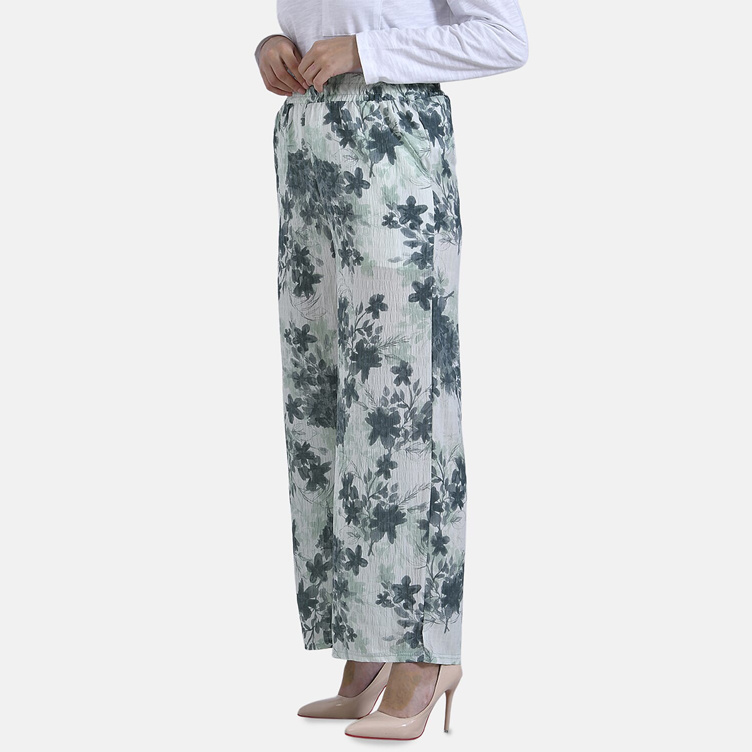 La Marey Floral Print Mid-Rise Elastic Waistband Wide Leg Trouser (Size XL) - Green