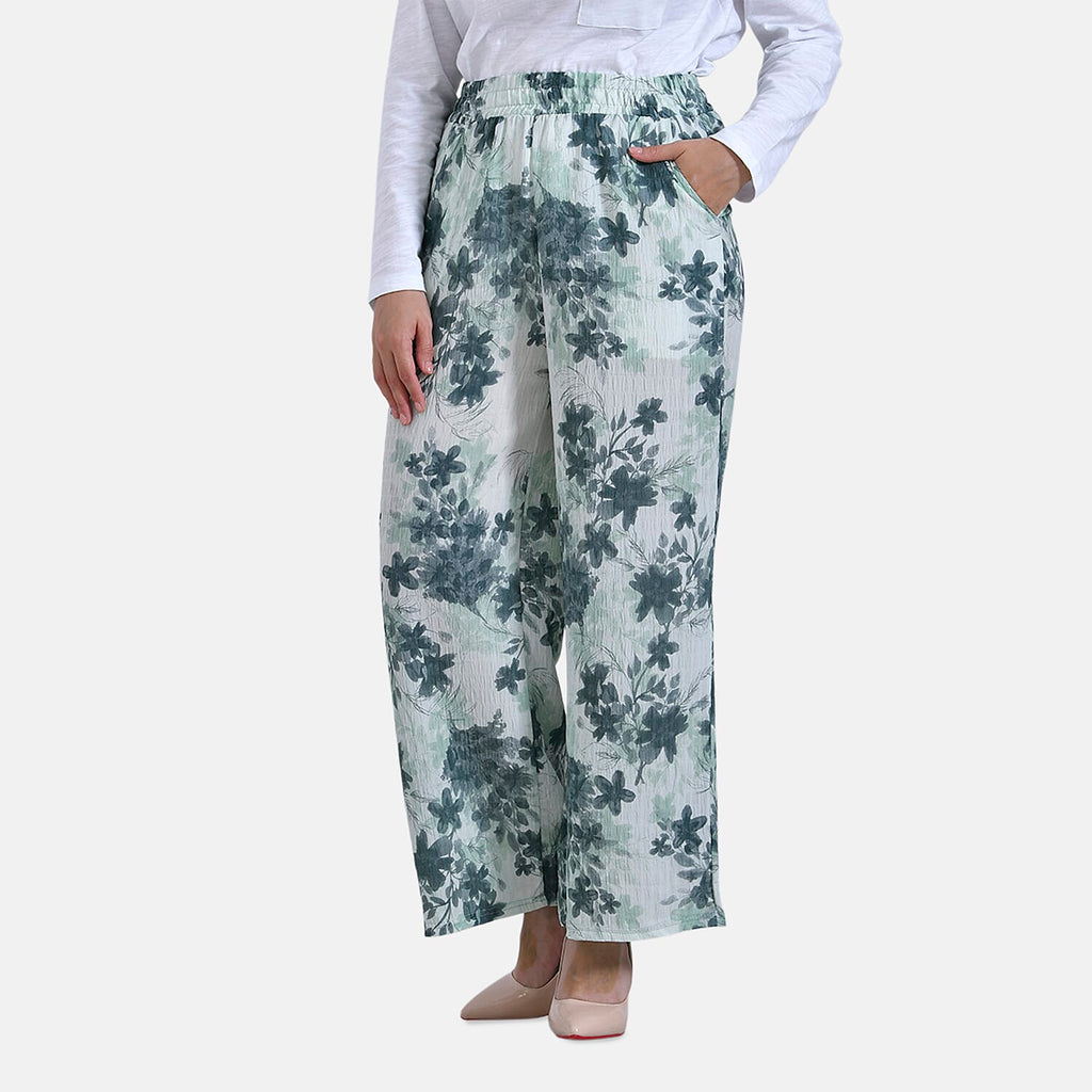 La Marey Floral Print Mid-Rise Elastic Waistband Wide Leg Trouser (Size XL) - Green