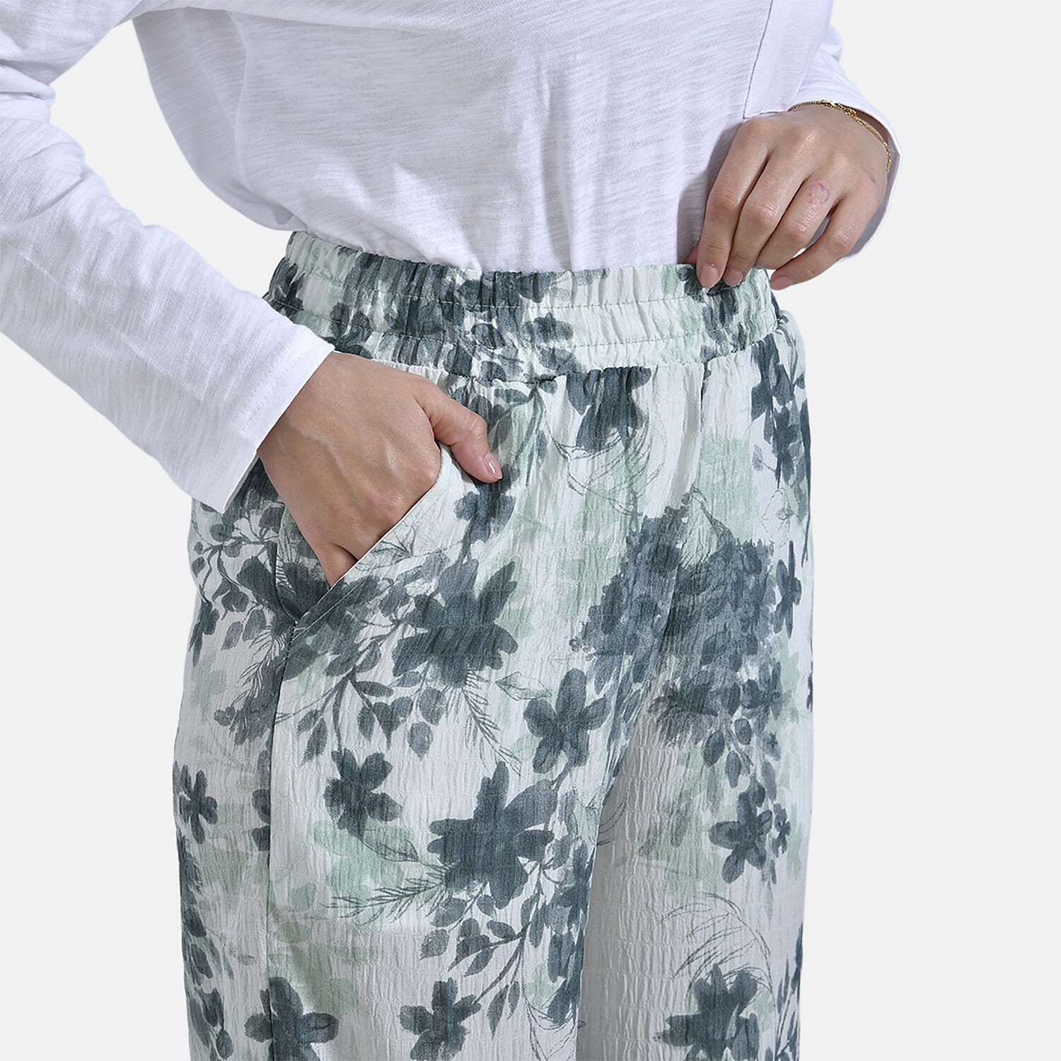 La Marey Floral Print Mid-Rise Elastic Waistband Wide Leg Trouser (Size XL) - Green