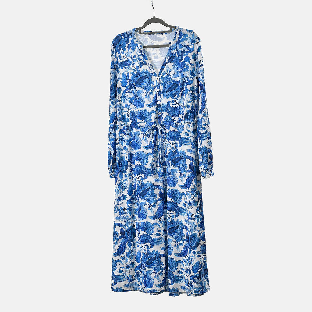 La Marey Jersey Tie Waist Floral Printed Maxi Dress (Size XXL) - Blue