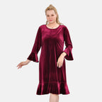 Tamsy Luxurious Velvet Midi Dress Color Size S- Burgundy