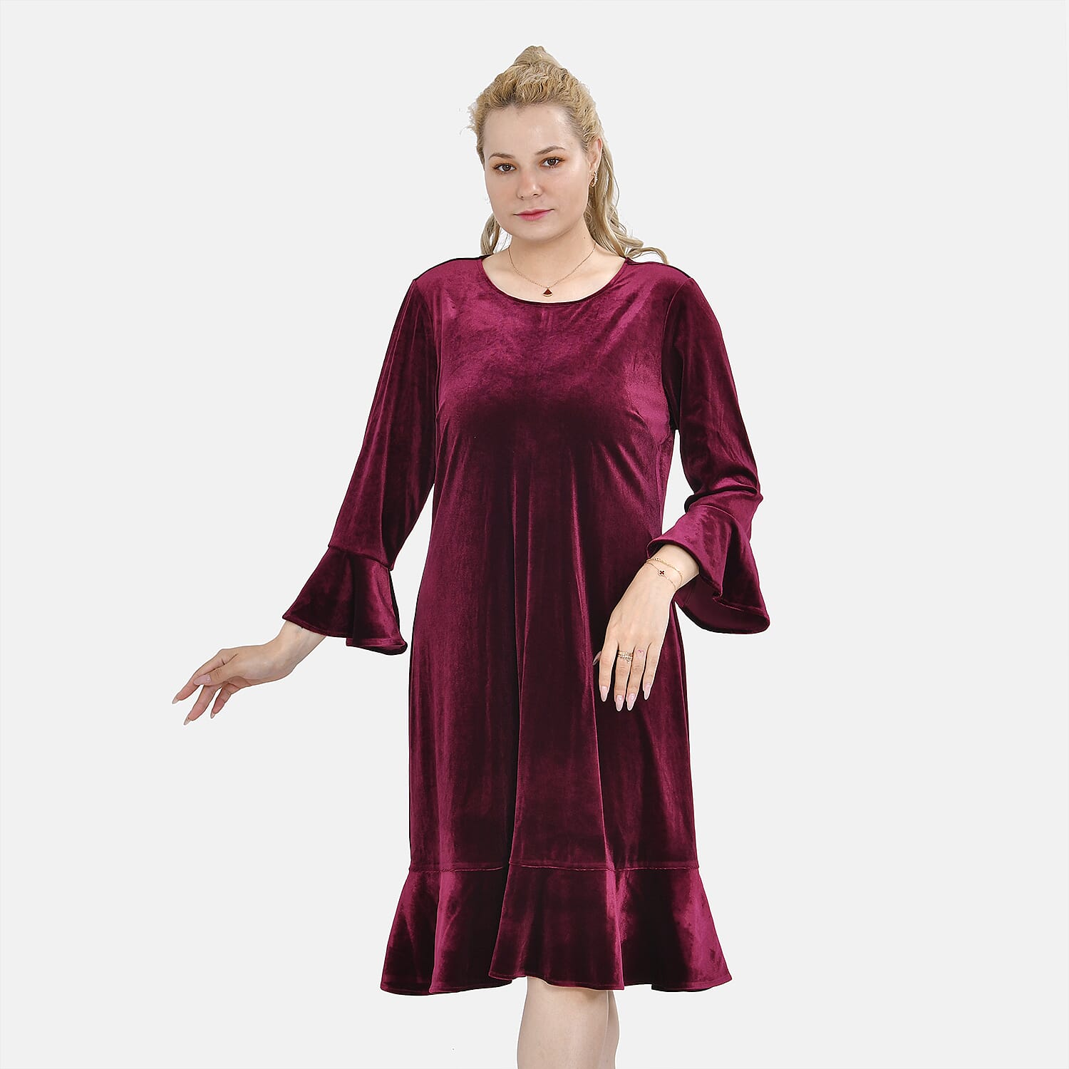 Tamsy Luxurious Velvet Midi Dress Color Size S- Burgundy