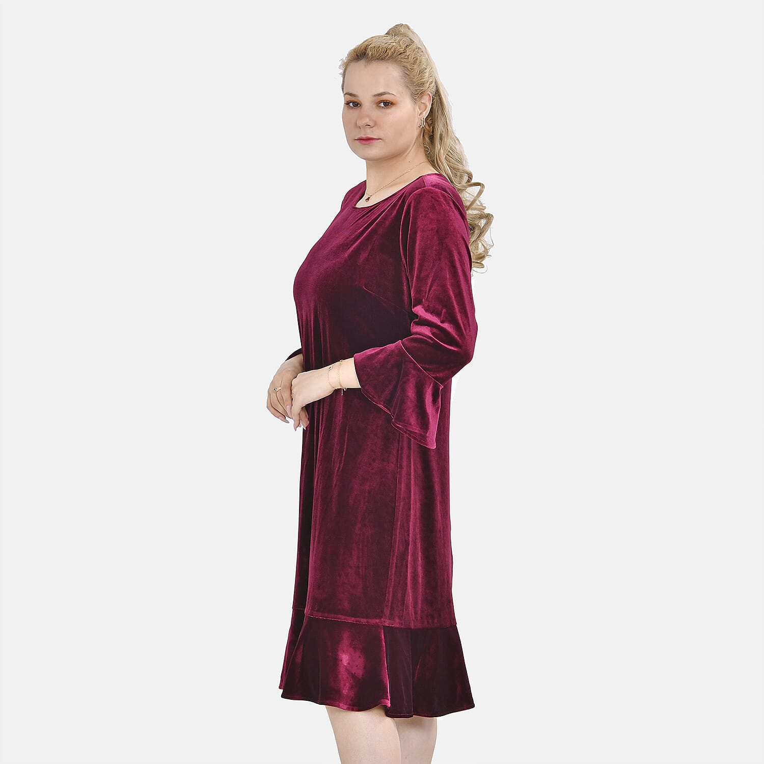 Tamsy Luxurious Velvet Midi Dress Color Size S- Burgundy