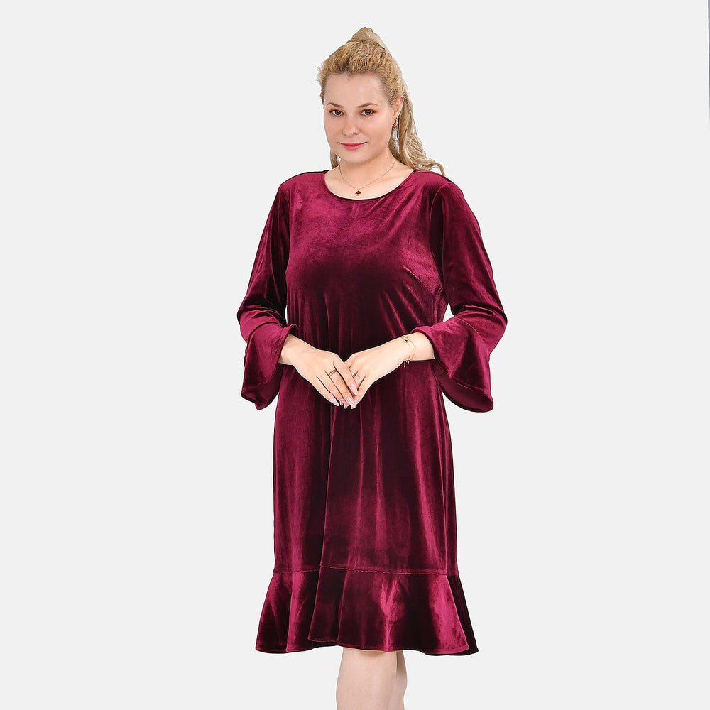 Tamsy Luxurious Velvet Midi Dress Color SizeXXL- Burgundy