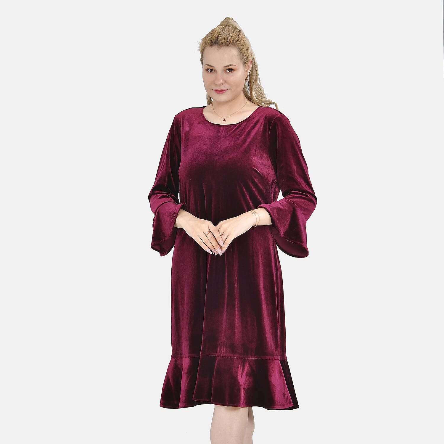 Tamsy Luxurious Velvet Midi Dress Color SizeXXL- Burgundy