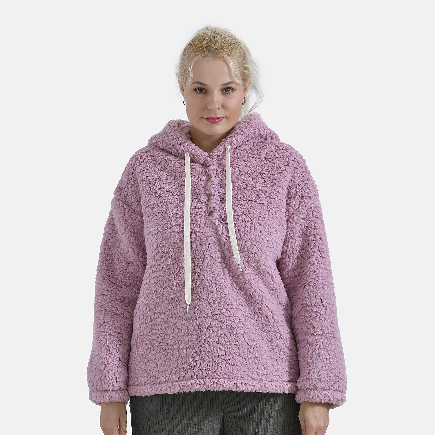 La Marey Plush Hoodie with Buttons (Size S) - Pink