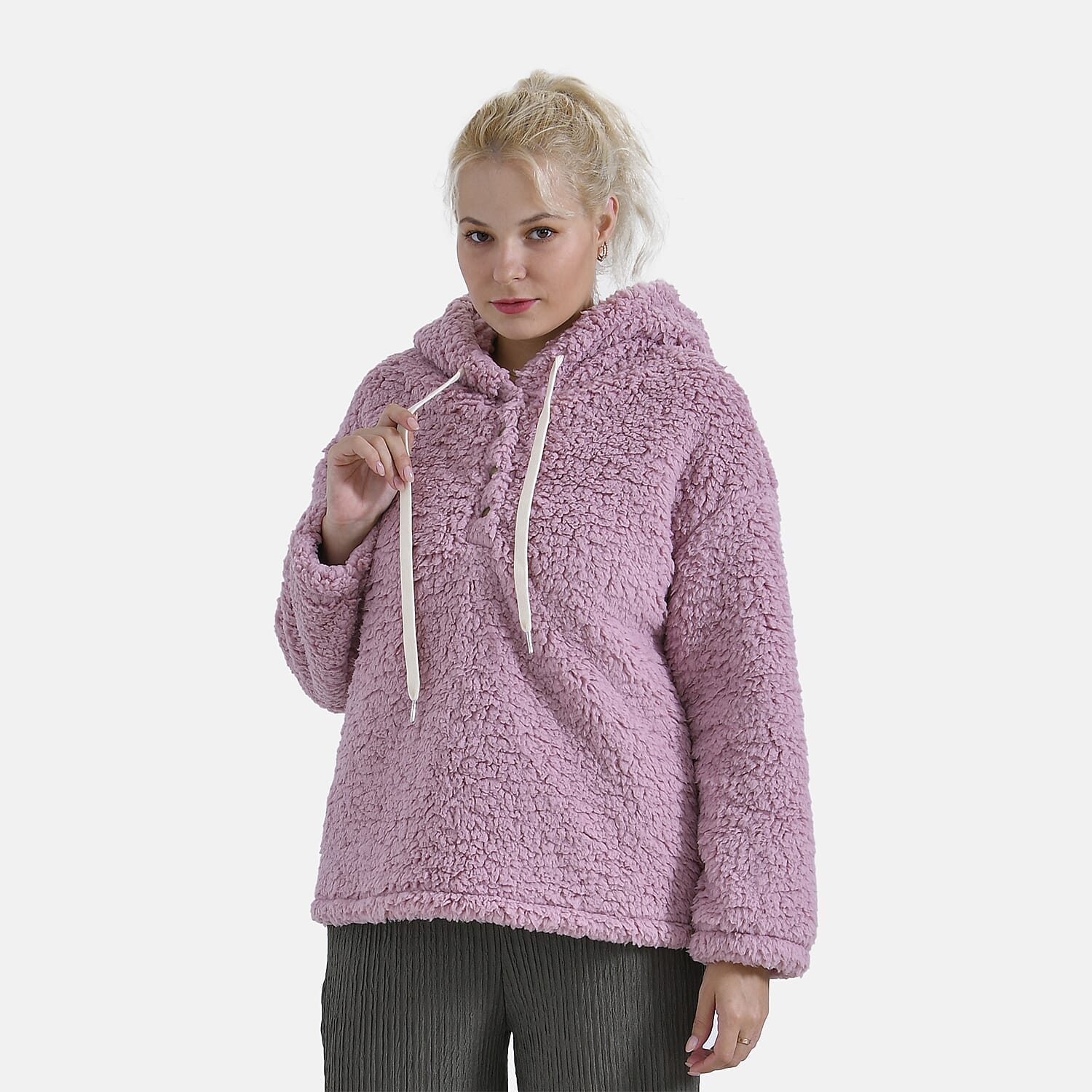 La Marey Plush Hoodie with Buttons (Size S) - Pink