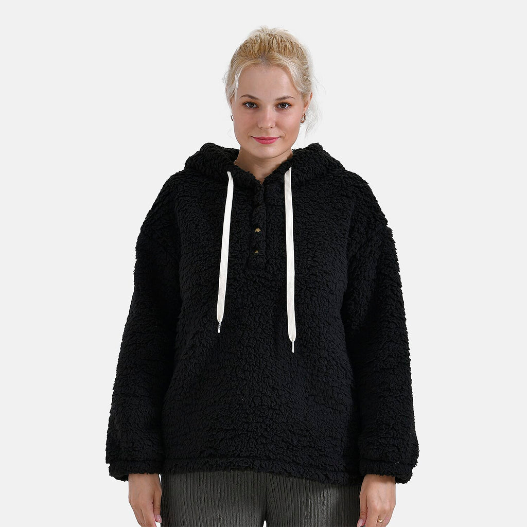 La Marey Plush Hoodie with Buttons (Size XL) - Black
