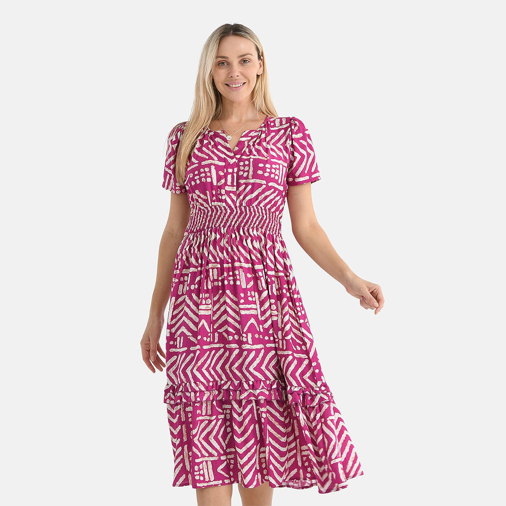 - Maisi Womens Viscose Tribal Pattern Tiered Summer Midi Dress (Size XL) - Pink