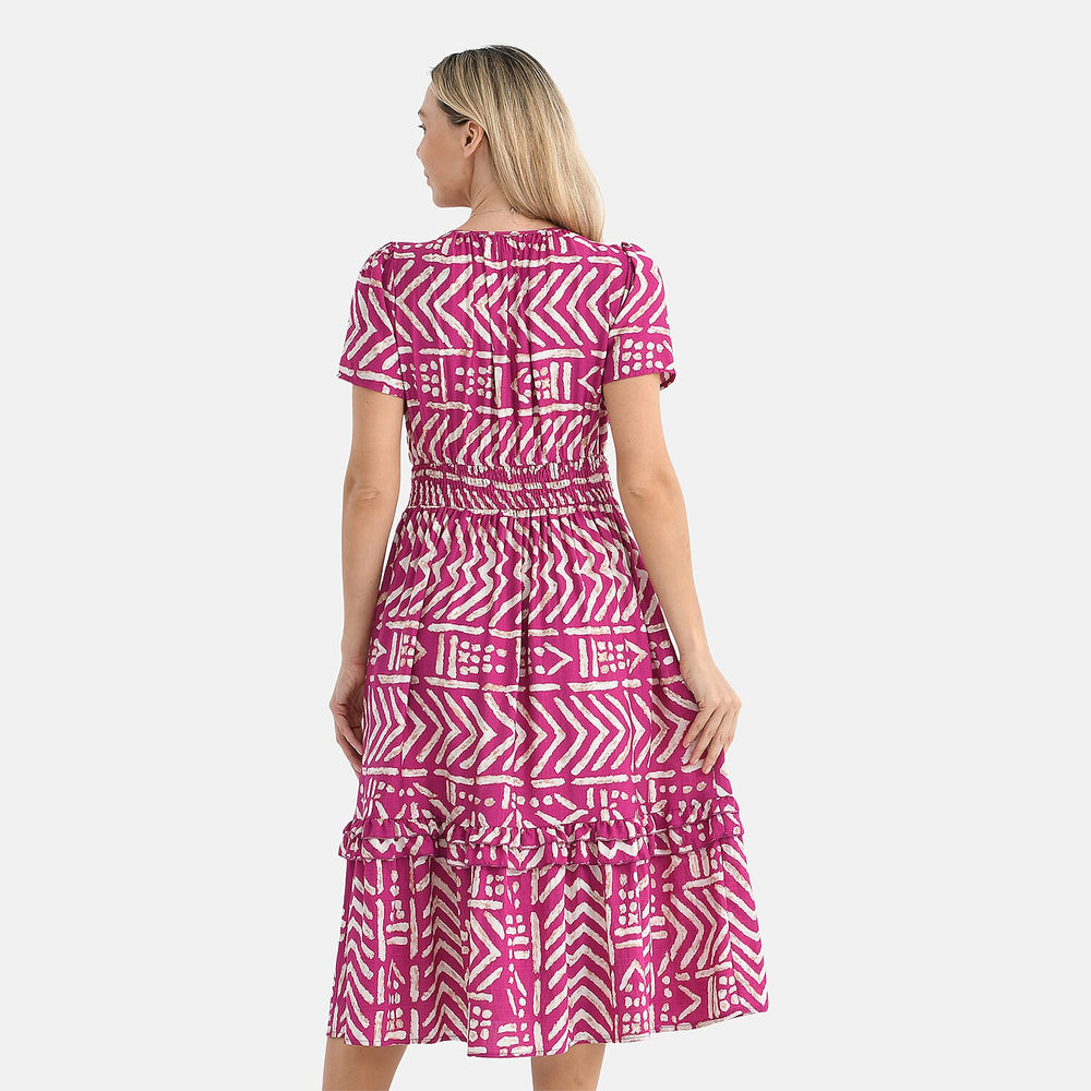 - Maisi Womens Viscose Tribal Pattern Tiered Summer Midi Dress (Size XL) - Pink